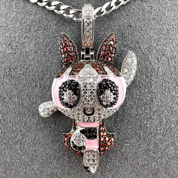Iced Out 925 Solid Sterling Silver 3D PowerPuff Girls Necklace - Picture 2 of 11